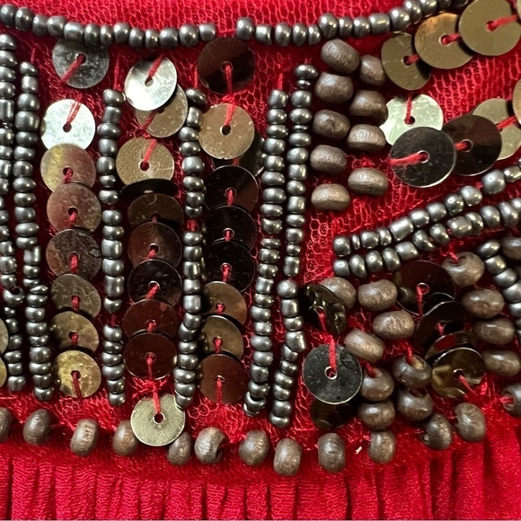 AGB Red Sleeveless Maxi Dress Waistband Lined Sequins Beaded Gauze Sz L Flowy - Picture 3 of 14